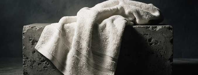 A white textured towel draped over a dark stone block against a dark gray background, with a bold letters text on "The Art of Dry"